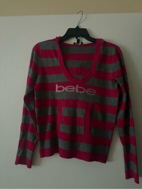 bebe Hot Pink and Gray Striped Scoop Neck Sweater Hoodie